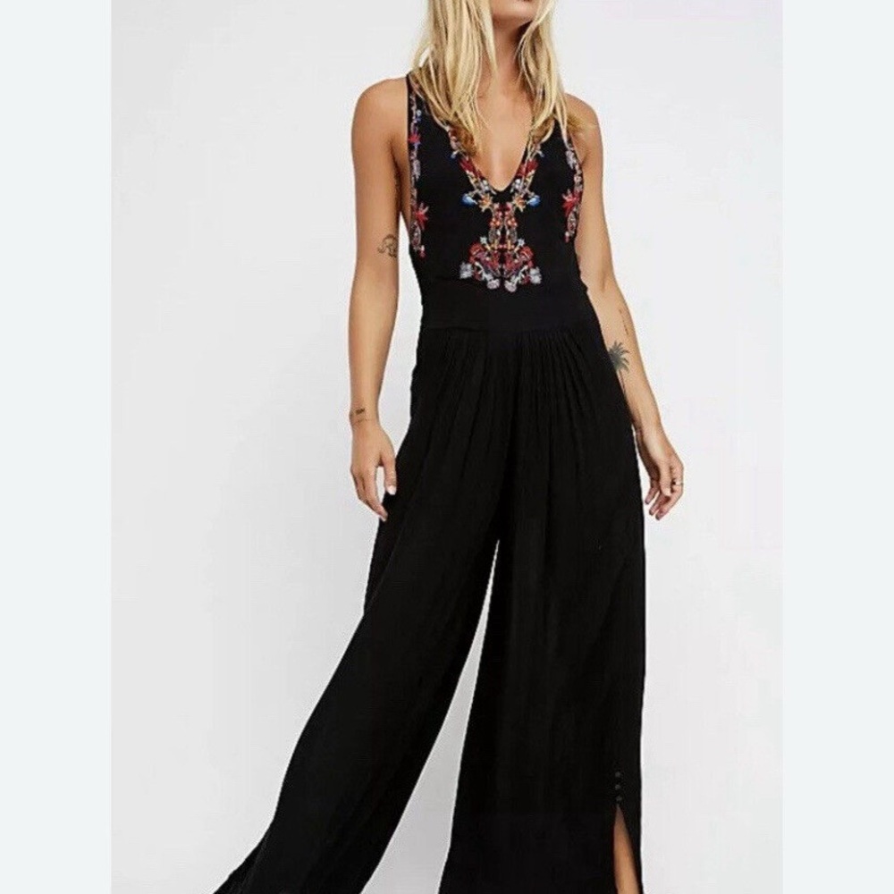 Free People Black Pants Jumpsuit with Colorful Embroidery